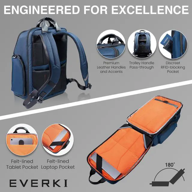 Alt view image 4 of 5 - Everki Onyx Premium Business Executive Laptop Backpack - Ballistic Nylon and Leather Office Backpack Laptop Bag, Travel Friendly Office Bagpack, Dedicated Compartment up to 15.6 Inch (EKP132N), Navy