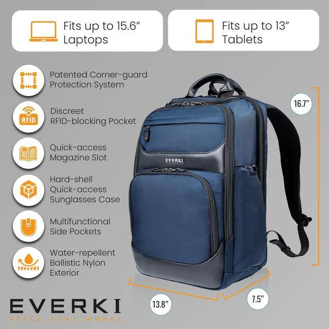 Alt view image 5 of 5 - Everki Onyx Premium Business Executive Laptop Backpack - Ballistic Nylon and Leather Office Backpack Laptop Bag, Travel Friendly Office Bagpack, Dedicated Compartment up to 15.6 Inch (EKP132N), Navy
