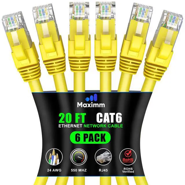 Main image of Maximm Cat 6 Ethernet Cable 20 ft (6-Pack) - High-Speed LAN Cable, Internet Cable, Patch Cable, and Network Cable - UTP, 10Gbps, 550MHz Ethernet Cord - Yellow