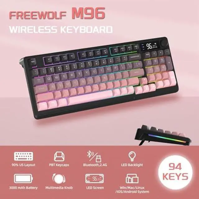 Alt view image 2 of 5 - FREEWOLF M96 Wireless Gaming Keyboard Creamy Membrane with Rainbow Backlight,Media Knob,LCD Screen,Dual Mode-Bluetooth/2.4Ghz,Ball Shape PBT Keycap 94 Key ANSI Layout for Win Mac PC Gamer(BlackBerry)