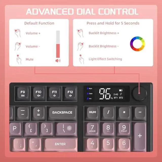Alt view image 4 of 5 - FREEWOLF M96 Wireless Gaming Keyboard Creamy Membrane with Rainbow Backlight,Media Knob,LCD Screen,Dual Mode-Bluetooth/2.4Ghz,Ball Shape PBT Keycap 94 Key ANSI Layout for Win Mac PC Gamer(BlackBerry)