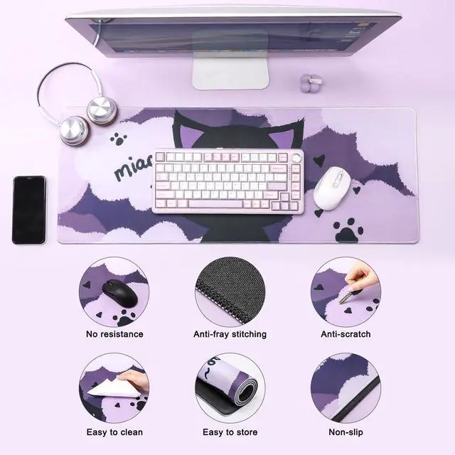 Alt view image 2 of 5 - YUNZII Keynovo Gaming Mouse Pad, Large Mouse Pad, Non-Slip 4mm Laptop Gaming Desk Pad for Office and Home(Black cat, 31.49'' x 11.8'')