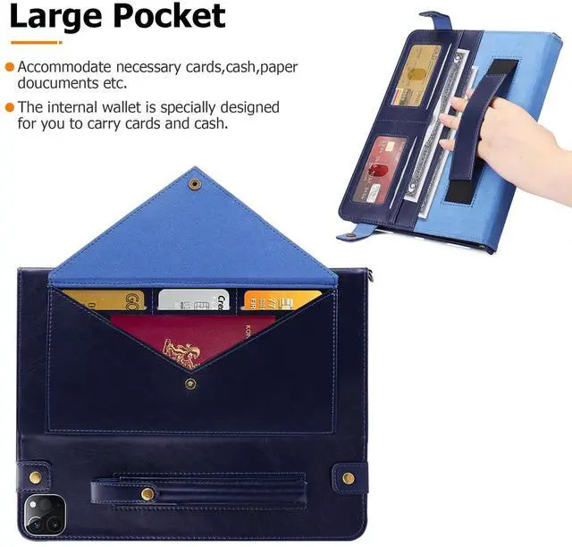 Alt view image 4 of 5 - Dteck for iPad Air 13 Inch Case M2 2024/iPad Pro 12.9 Inch Case 2022/2021/2020 with Pencil Holder, Premium PU Leather Business Smart Stand Folio Cover Auto Wake/Sleep Strap Bag Wallet, Blue