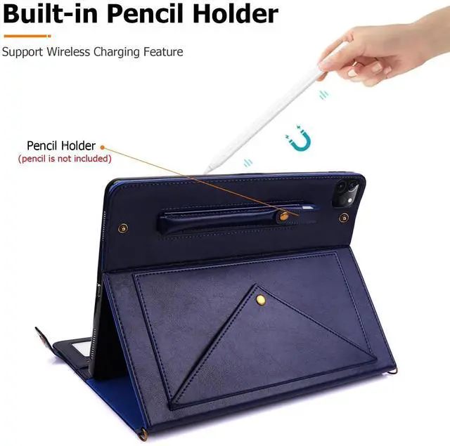 Alt view image 5 of 5 - Dteck for iPad Air 13 Inch Case M2 2024/iPad Pro 12.9 Inch Case 2022/2021/2020 with Pencil Holder, Premium PU Leather Business Smart Stand Folio Cover Auto Wake/Sleep Strap Bag Wallet, Blue