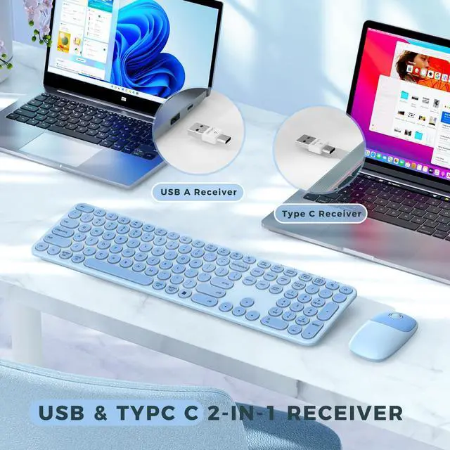 Alt view image 2 of 5 - seenda Wireless Keyboard and Mouse, USB & Type C 2-in-1 Receiver, Full Size Teal Wireless Keyboard Mouse Combo, Compatible for Windows 7/8/10/11, MacBook Pro/Air, Laptop, Desktop, PC - Blue