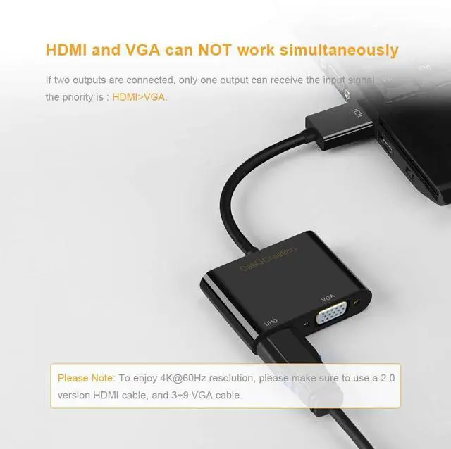 Alt view image 4 of 5 - CableCreation Multi-Function DisplayPort to HDMI VGA Adapter, 2 in 1 DP1.2 DP to HDMI VGA Hub Male to Female Converter 4K@60Hz Video/Audio, Black
