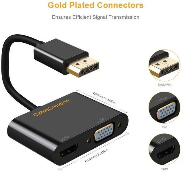 Alt view image 2 of 5 - CableCreation Multi-Function DisplayPort to HDMI VGA Adapter, 2 in 1 DP1.2 DP to HDMI VGA Hub Male to Female Converter 4K@60Hz Video/Audio, Black