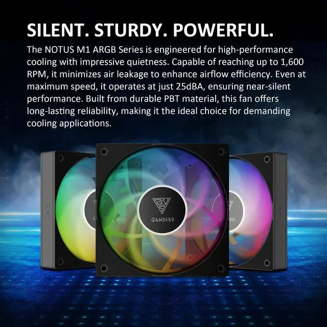 Alt view image 2 of 5 - GAMDIAS Notus M1-1203 120mm ARGB PWM Fan (3 Pack), Include Reverse Blade x3, Daisy-Chain Connection, Closed-Loop Technology for Steady RPM on Cooler, Low-Noise Operation (Max. 1600RPM @25dBA), Black