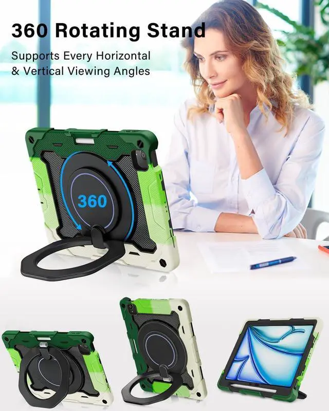 Alt view image 2 of 5 - ROISKIN for iPad Air 11 inch Case (M3 2025/M2 2024)/ Air 6th Generation for Kids with HD Screen Protector, 360 Rotating Kickstand, Shoulder Strap, Pen Holder, Heavy Duty Military Case for iPad Air 11
