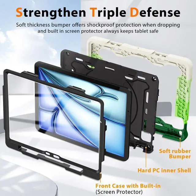 Alt view image 4 of 5 - ROISKIN for iPad Air 11 inch Case (M3 2025/M2 2024)/ Air 6th Generation for Kids with HD Screen Protector, 360 Rotating Kickstand, Shoulder Strap, Pen Holder, Heavy Duty Military Case for iPad Air 11