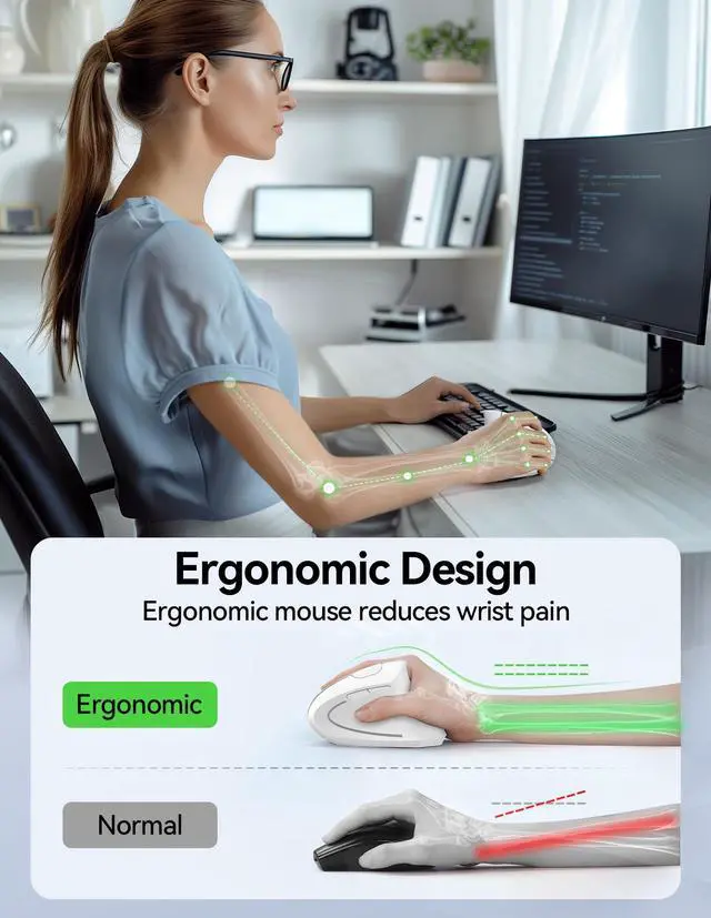 Alt view image 2 of 5 - TECKNET Ergonomic Mouse Wireless, Rechargeable Mouse Wireless Silent for Carpal Tunnel Right Hand, 2.4GHz USB Vertical Mouse Wireless for Laptop, 5 Adjustable 4800 DPI, Computer, MacBook, Desktop