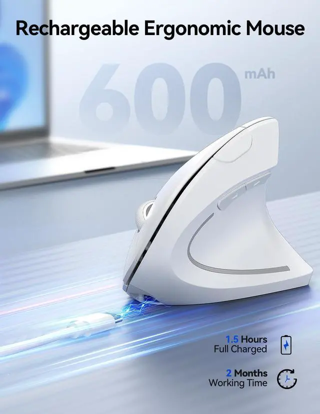 Alt view image 3 of 5 - TECKNET Ergonomic Mouse Wireless, Rechargeable Mouse Wireless Silent for Carpal Tunnel Right Hand, 2.4GHz USB Vertical Mouse Wireless for Laptop, 5 Adjustable 4800 DPI, Computer, MacBook, Desktop