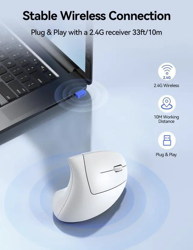 Alt view image 4 of 5 - TECKNET Ergonomic Mouse Wireless, Rechargeable Mouse Wireless Silent for Carpal Tunnel Right Hand, 2.4GHz USB Vertical Mouse Wireless for Laptop, 5 Adjustable 4800 DPI, Computer, MacBook, Desktop
