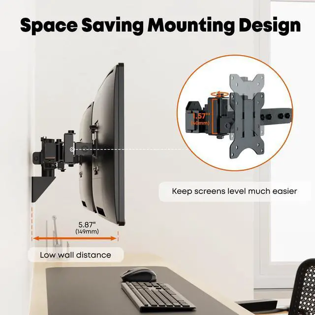 Alt view image 3 of 5 - Dual Monitor Wall Mount for 24-38-inch - Ultrawide Dual Wall Mount Monitor Arm, Flush Wall Setup, Max Load 22lbs per Monitor, VESA 75x75/100x100mm, Black