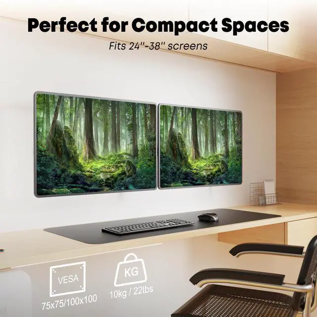 Alt view image 2 of 5 - Dual Monitor Wall Mount for 24-38-inch - Ultrawide Dual Wall Mount Monitor Arm, Flush Wall Setup, Max Load 22lbs per Monitor, VESA 75x75/100x100mm, Black
