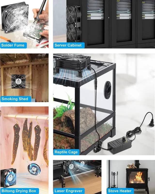 Alt view image 2 of 5 - GDSTIME 120mm x 38mm Computer Fan with Variable Speed Controller, Powerful Airflow High Static Pressure 110V 220V AC Powered for Biltong Box, Server Rack, Solder Fume Extractor Cooling Ventilation