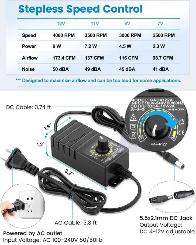 Alt view image 4 of 5 - GDSTIME 120mm x 38mm Computer Fan with Variable Speed Controller, Powerful Airflow High Static Pressure 110V 220V AC Powered for Biltong Box, Server Rack, Solder Fume Extractor Cooling Ventilation