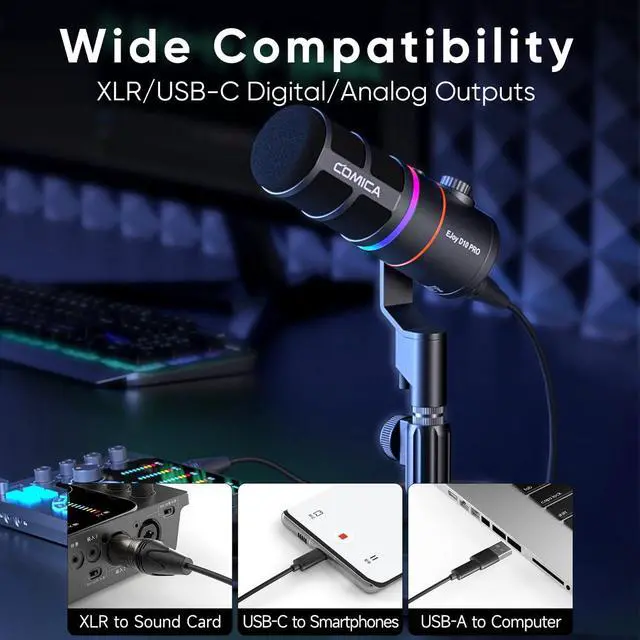 Alt view image 3 of 5 - EJoy D10 PRO(D) Wireless USB Gaming Microphone  RGB Dynamic Mic with Wired/Wireless Modes, XLR/USB-C, Real-Time Monitoring, 45H Battery, Studio Mic for Gaming, Streaming, Podcast, Recording (Black)