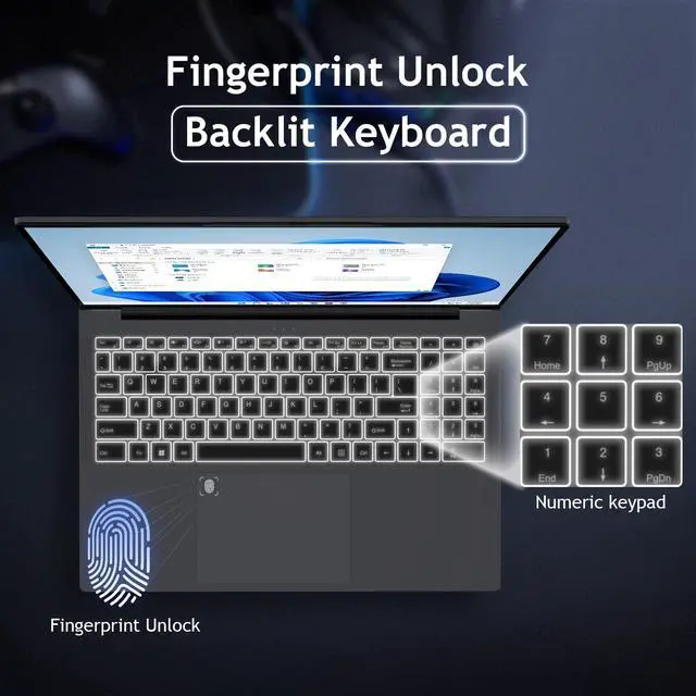 Alt view image 2 of 5 - KurieTim 16" Business Laptop, AMD Ryzen 3 3250U Processor, Up to 3.5GHz, 8GB RAM, 512GB SSD, Fingerprint Unlock, Backlight Keyboard, Secure Webcam, 57Wh Battery, USB-C PD, Win 11 Pro Laptops, Gray
