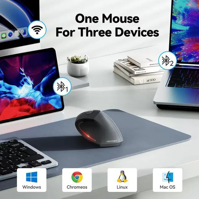 Alt view image 2 of 5 - TECKNET Ergonomic Mouse, Wireless Bluetooth Vertical Mouse, 4800 DPI Optical Tracking, 6 Adjustable DPI, Quiet Clicks, 2.4GHz with USB A Receiver, 6 Buttons, Wide Compatibility - Gray
