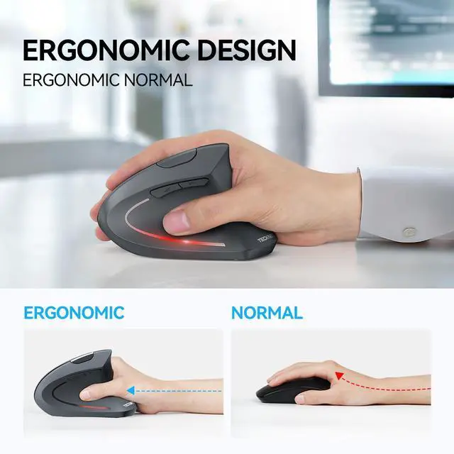 Alt view image 4 of 5 - TECKNET Ergonomic Mouse, Wireless Bluetooth Vertical Mouse, 4800 DPI Optical Tracking, 6 Adjustable DPI, Quiet Clicks, 2.4GHz with USB A Receiver, 6 Buttons, Wide Compatibility - Gray