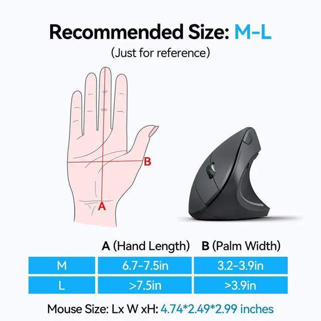 Alt view image 5 of 5 - TECKNET Ergonomic Mouse, Wireless Bluetooth Vertical Mouse, 4800 DPI Optical Tracking, 6 Adjustable DPI, Quiet Clicks, 2.4GHz with USB A Receiver, 6 Buttons, Wide Compatibility - Gray