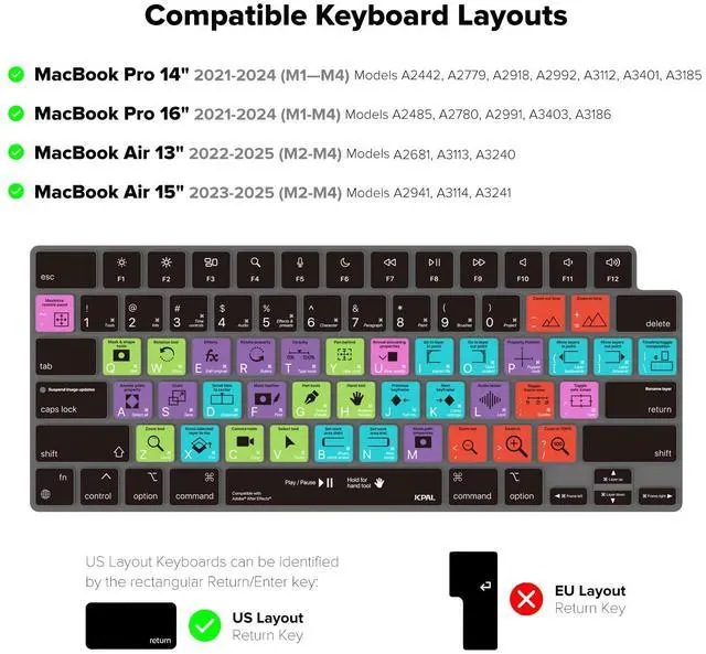 Alt view image 5 of 5 - JCPal Adobe After Effects Shortcut Guide Keyboard Cover for Apple MacBook Pro 14 inch and MacBook Pro 16 inch (M1-M4 Models) and MacBook Air 13 inch and MacBook Air 15 inch (M2-M4 Models) (US-Layout)