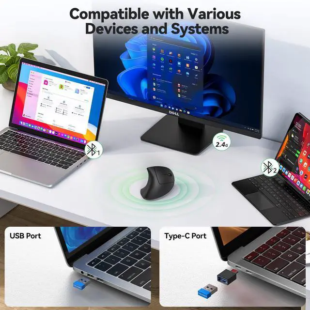 Alt view image 2 of 5 - TECKNET Ergonomic Mouse, Jiggler Bluetooth Wireless Vertical Mouse, 4800 DPI Silent Mouse with 6 Adjustable DPI Levels, 2.4GHz (USB A & C) Mouse, 6 Buttons Computer Mice - Wide Compatibility