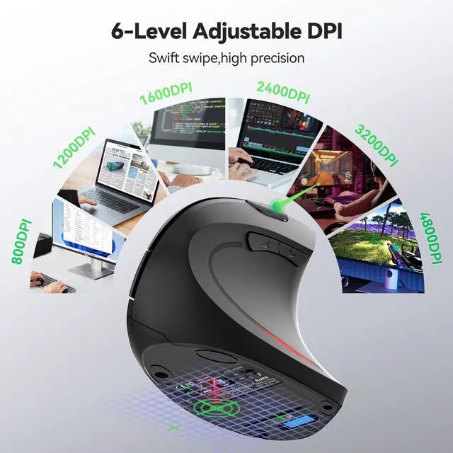 Alt view image 4 of 5 - TECKNET Ergonomic Mouse, Jiggler Bluetooth Wireless Vertical Mouse, 4800 DPI Silent Mouse with 6 Adjustable DPI Levels, 2.4GHz (USB A & C) Mouse, 6 Buttons Computer Mice - Wide Compatibility