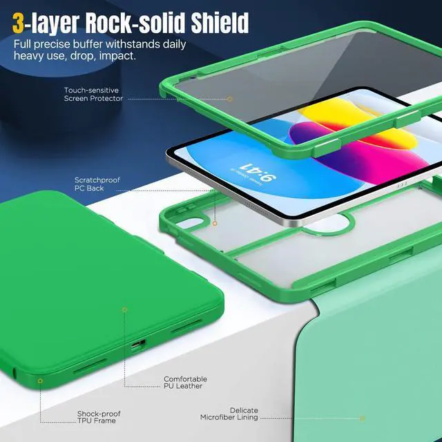 Alt view image 3 of 5 - MoKo for iPad 11-inch (A16) 11th Generation Case 2025/ iPad 10th Generation Case with Pencil Holder 2022 10.9 inch, Built-in Screen Protector Clear Back, Multi Angle Viewing Stand,Forest Green