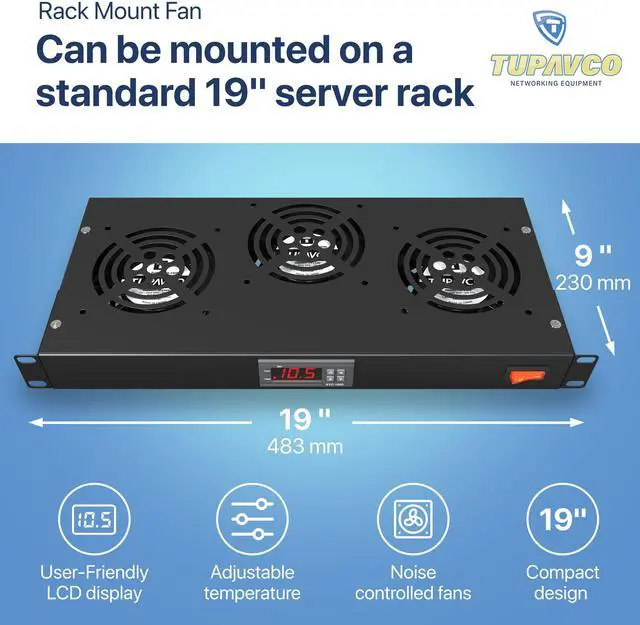 Alt view image 3 of 5 - Rack Mount Fan - 3 Fan Server Cooling System - 1U 19" Rackmount Cabinet Panel Adjustable Temperature Control (Digital Heat Monitor Display) Sensor Alarm (Overheat Air Flow Top Exhaust) Tupavco TP1731