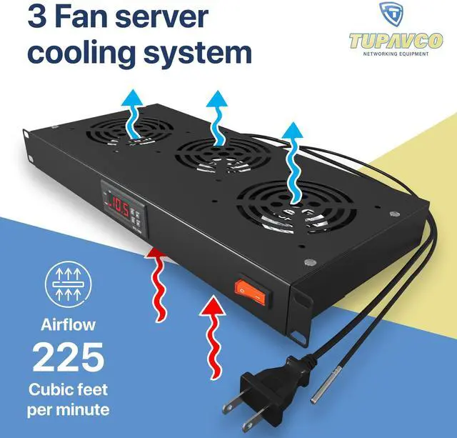 Alt view image 2 of 5 - Rack Mount Fan - 3 Fan Server Cooling System - 1U 19" Rackmount Cabinet Panel Adjustable Temperature Control (Digital Heat Monitor Display) Sensor Alarm (Overheat Air Flow Top Exhaust) Tupavco TP1731