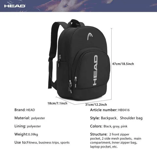 Alt view image 4 of 5 - HEAD Waterproof Travel Backpack for Women & Men, Lightweight Laptop Backpack Computer Bag fits 15.6 Inch Notebook, Casual Daypack College Backpacks with 9 Pockets for Overnight/Sports Gym/Work/Fitness