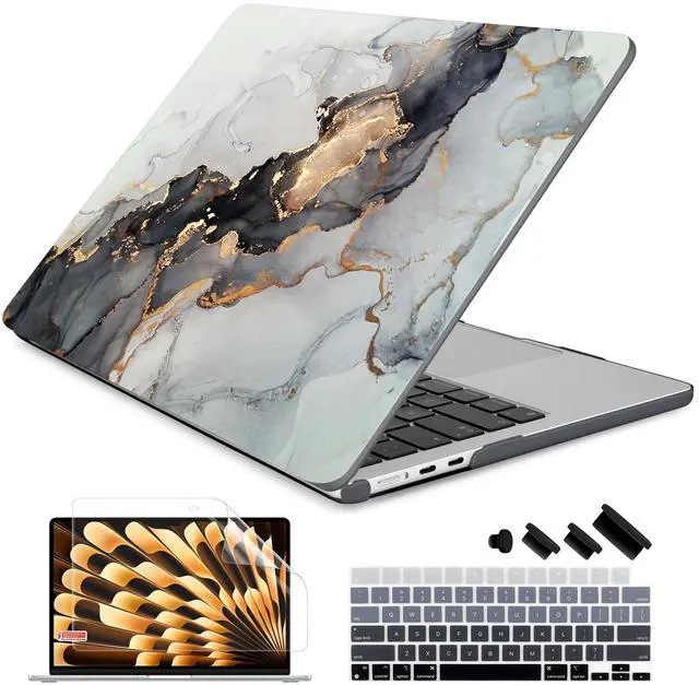 Main image of Batianda Premium Case for New MacBook Air 15 inch 2025 M4 2024 2023 with M3 M2 Chip Model A3114 A2941, Designed Protective Plastic Hardshell & Keyboard Cover & Screen Protector, Gold Fluid Art