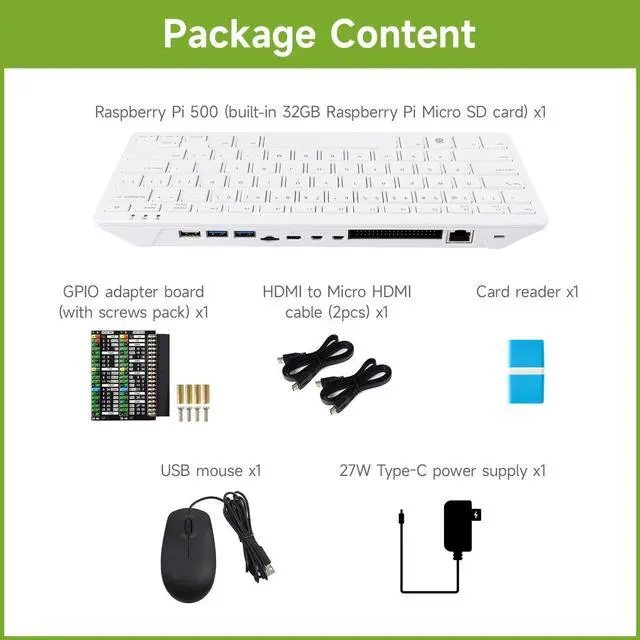 Alt view image 2 of 5 - Waveshare Basic Kit, Compatible with Raspberry Pi 500, Quad-core Arm Processor, WiFi/Bluetooth Support, Dual-4K Outputs, Comes with Official 32GB Micro SD Card