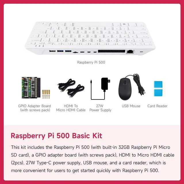 Alt view image 3 of 5 - Waveshare Basic Kit, Compatible with Raspberry Pi 500, Quad-core Arm Processor, WiFi/Bluetooth Support, Dual-4K Outputs, Comes with Official 32GB Micro SD Card