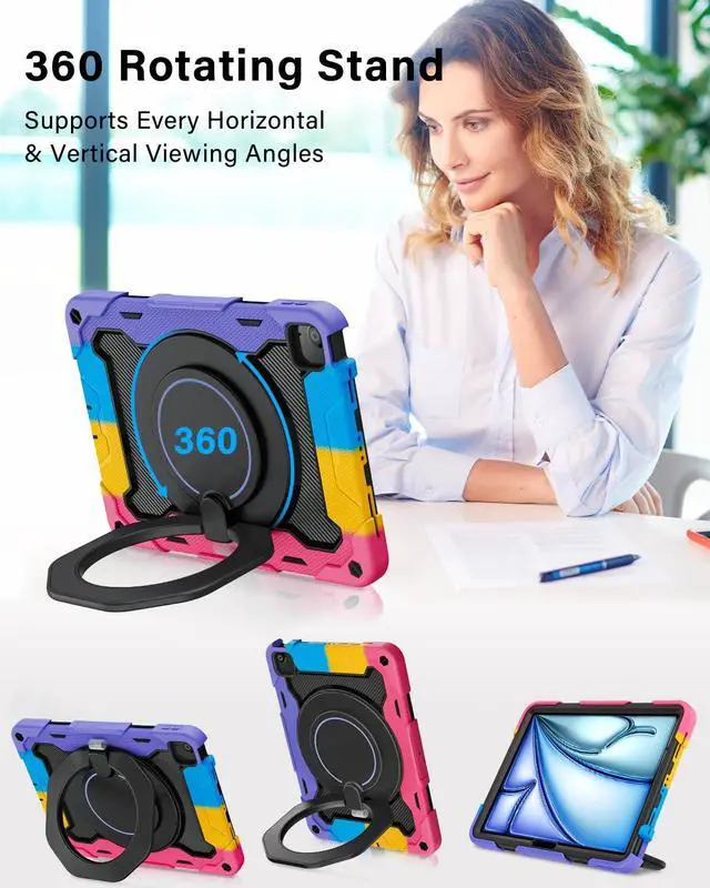 Alt view image 2 of 5 - ROISKIN for iPad Air 11 inch Case (M3 2025/M2 2024)/ Air 6th Generation for Kids with HD Screen Protector, 360 Rotating Kickstand, Shoulder Strap, Rugged Heavy Duty Military Case for iPad Air 11