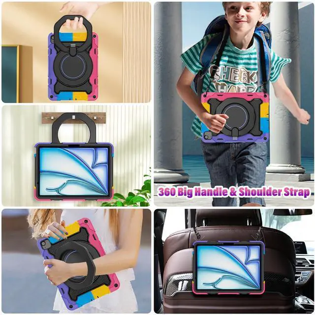 Alt view image 3 of 5 - ROISKIN for iPad Air 11 inch Case (M3 2025/M2 2024)/ Air 6th Generation for Kids with HD Screen Protector, 360 Rotating Kickstand, Shoulder Strap, Rugged Heavy Duty Military Case for iPad Air 11