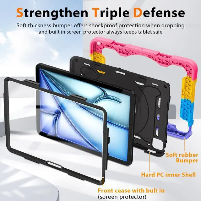 Alt view image 4 of 5 - ROISKIN for iPad Air 11 inch Case (M3 2025/M2 2024)/ Air 6th Generation for Kids with HD Screen Protector, 360 Rotating Kickstand, Shoulder Strap, Rugged Heavy Duty Military Case for iPad Air 11