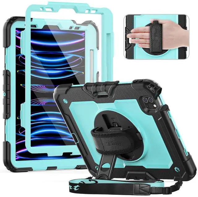 Main image of Timecity Case for iPad Pro 11 inch 2022/2021 (4th/ 3rd Generation), Shockproof Case with Screen Protector, Swivel Stand, Handle, Shoulder Strap, Pencil Holder Case for iPad Pro 11 Inch- Light Blue