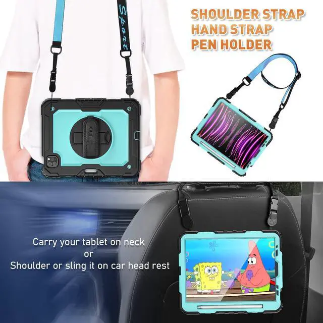 Alt view image 4 of 5 - Timecity Case for iPad Pro 11 inch 2022/2021 (4th/ 3rd Generation), Shockproof Case with Screen Protector, Swivel Stand, Handle, Shoulder Strap, Pencil Holder Case for iPad Pro 11 Inch- Light Blue
