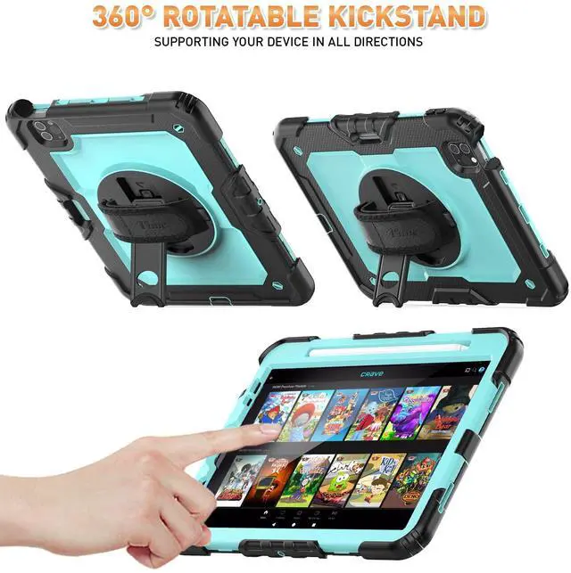 Alt view image 5 of 5 - Timecity Case for iPad Pro 11 inch 2022/2021 (4th/ 3rd Generation), Shockproof Case with Screen Protector, Swivel Stand, Handle, Shoulder Strap, Pencil Holder Case for iPad Pro 11 Inch- Light Blue