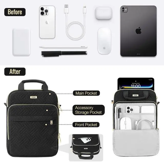 Alt view image 3 of 5 - MoKo 9-11 Inch Puffer Tablet Sleeve Bag for 11 Inch New iPad Pro M4 & iPad Air M2 2024, iPad 10th Gen 10.9, iPad Air 5/4th 10.9, 360deg Edge Protection Puffy Bag with Handle & Shoulder Strap, Black