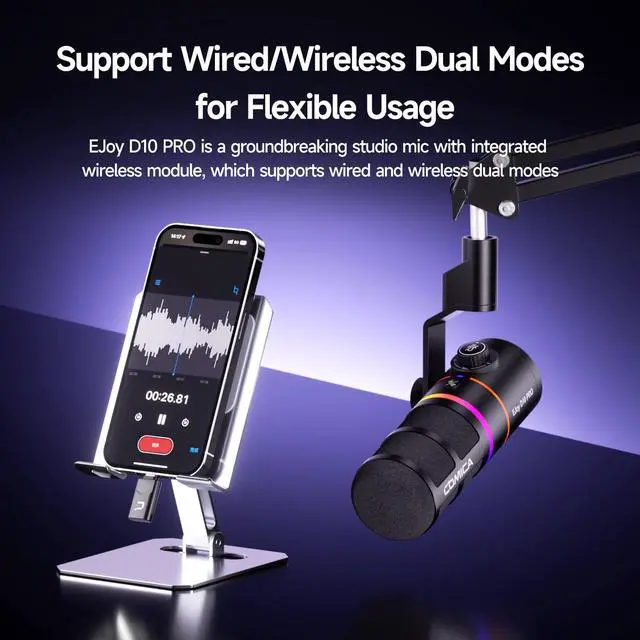 Alt view image 2 of 5 - EJoy D10 PRO(A) USB Wireless Gaming Microphone - Boom Arm Mic with Wired/Wireless Modes, XLR/USB-C, Real-Time Monitoring, 45H Battery, RGB Dynamic Mic for Gaming, Streaming, Podcast, Recording (Black)