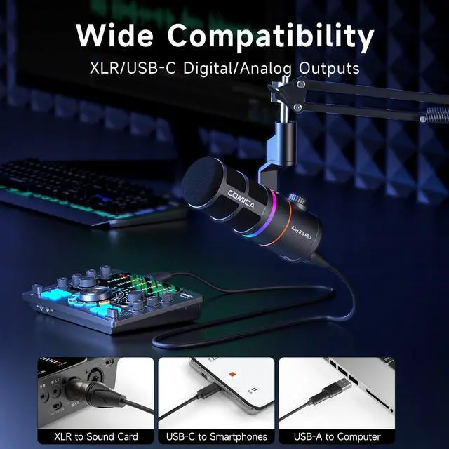 Alt view image 3 of 5 - EJoy D10 PRO(A) USB Wireless Gaming Microphone - Boom Arm Mic with Wired/Wireless Modes, XLR/USB-C, Real-Time Monitoring, 45H Battery, RGB Dynamic Mic for Gaming, Streaming, Podcast, Recording (Black)