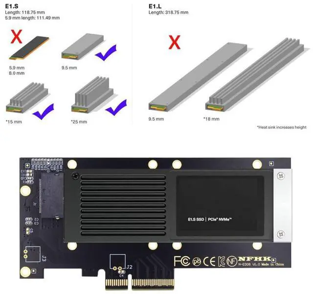 Alt view image 2 of 5 - chenyang NVMe Ruler EDSFF SSD to PCI-E 4.0 X4 Host Adapter for 9.5mm 15mm 25mm 1U GEN-Z E1.S SSD with Heat Sink
