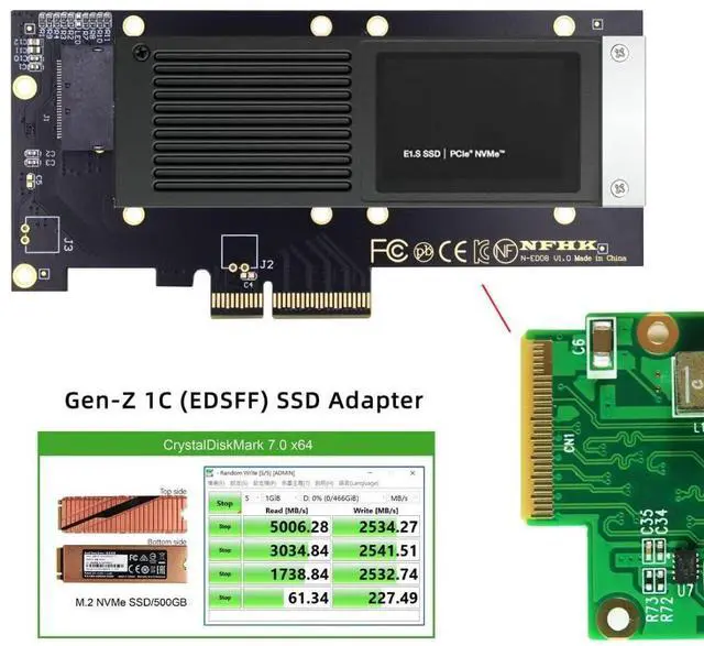 Alt view image 4 of 5 - chenyang NVMe Ruler EDSFF SSD to PCI-E 4.0 X4 Host Adapter for 9.5mm 15mm 25mm 1U GEN-Z E1.S SSD with Heat Sink