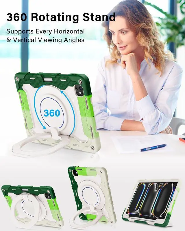 Alt view image 2 of 5 - ROISKIN Case for iPad Pro 11 Inch M4 5th Generation for Kids with 360 Swivel Handle & Stand,HD Screen Protector,Shoulder Strap,Pen Holder,Heavy Duty Military Shockproof Case