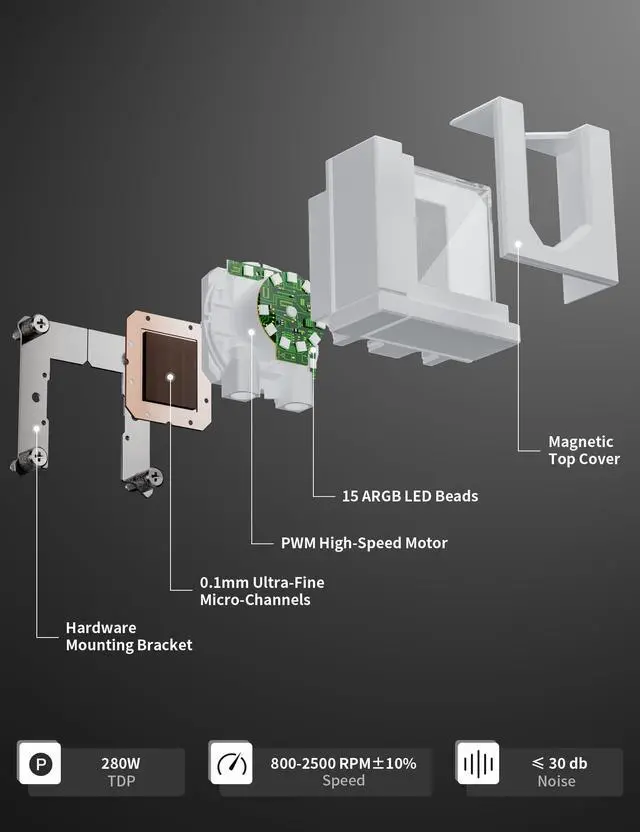Alt view image 5 of 5 - upHere 240mm AIO Liquid CPU Cooler - Intel LGA 1851/1700/2011 & AMD AM5/AM4, Magnetic Pump Cover, 5V ARGB SYNC, All-in-One Cable Mangement, 280W TDP Cooling (White)
