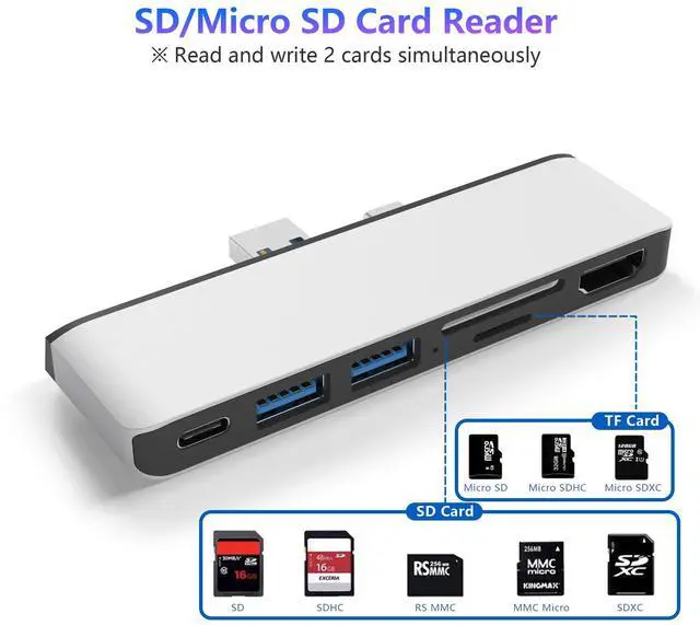 Alt view image 5 of 5 - Surface Pro 7 USB C Hub, 6-in-2 Aluminum Surface Pro 2019 Dock with 4K HDMI Adapter+ USB C Audio & Data Transfer Port +2 USB 3.0+SD/TF Card Reader, Converter Combo Adaptor for Microsoft Surface Pro 7